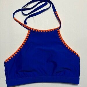 SEEKERS US 4 Blue Orange Embroidered Halter Bikini Top Swim Padded Removable